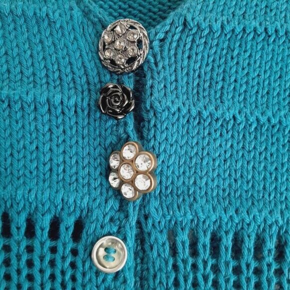 PURE HANDKNIT | Boho Pattern Knit Cardigan Button-Up Sweater Teal Blue Sz S / M - Picture 5 of 13